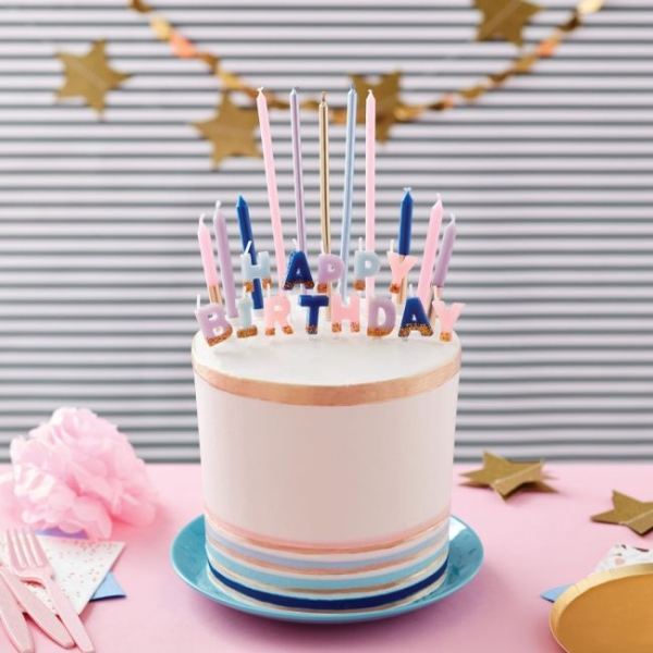 Kerzen Set - Happy Birthday / Pink Lila Blau Gold
